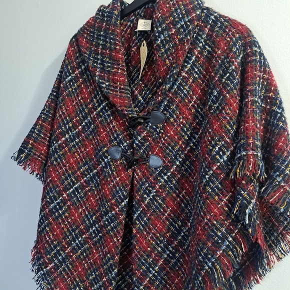 2 FOR 20 SALE St. John’s Bay Plaid Fringe Toggle Button Poncho One Size - Picture 2 of 11